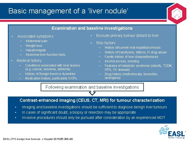 Basic management of a ‘liver nodule’ Examination and baseline investigations • Associated symptoms: –
