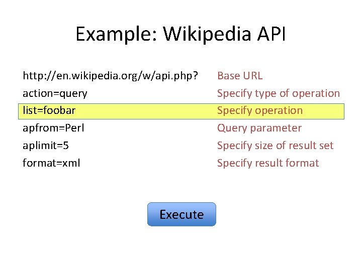 Example: Wikipedia API http: //en. wikipedia. org/w/api. php? action=query list=foobar apfrom=Perl aplimit=5 format=xml Execute