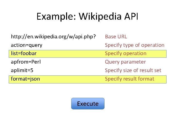 Example: Wikipedia API http: //en. wikipedia. org/w/api. php? action=query list=foobar apfrom=Perl aplimit=5 format=json Execute