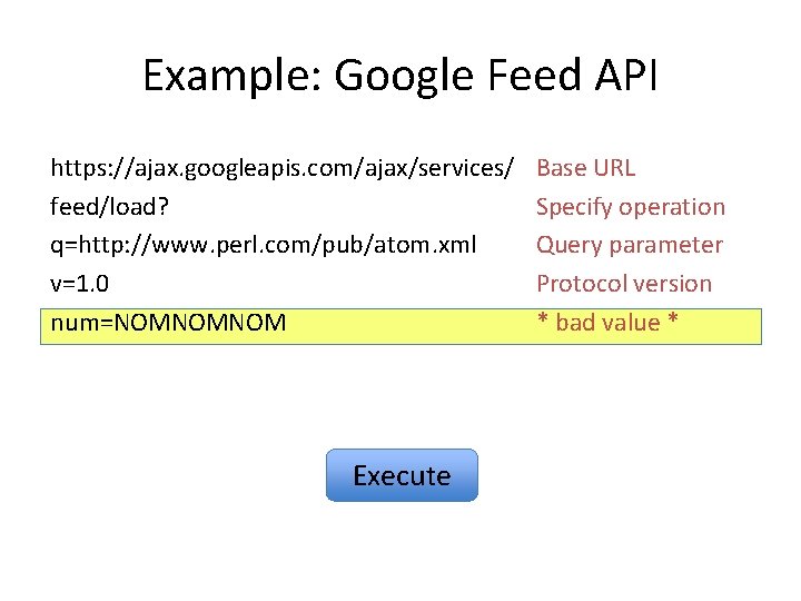 Example: Google Feed API https: //ajax. googleapis. com/ajax/services/ feed/load? q=http: //www. perl. com/pub/atom. xml