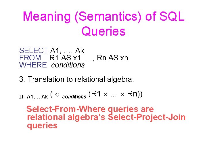Meaning (Semantics) of SQL Queries SELECT A 1, …, Ak FROM R 1 AS