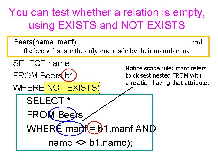 You can test whether a relation is empty, using EXISTS and NOT EXISTS Beers(name,