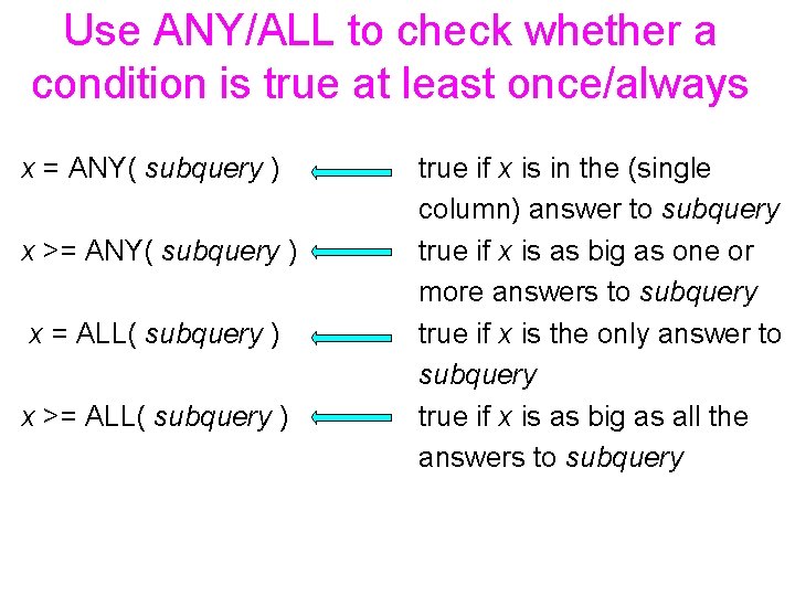 Use ANY/ALL to check whether a condition is true at least once/always x =
