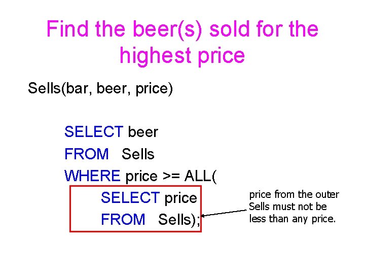 Find the beer(s) sold for the highest price Sells(bar, beer, price) SELECT beer FROM