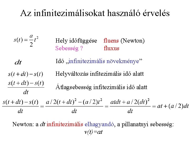 Az infinitezimálisokat használó érvelés Hely időfüggése Sebesség ? fluens (Newton) fluxus Idő „infinitezimális növekménye”