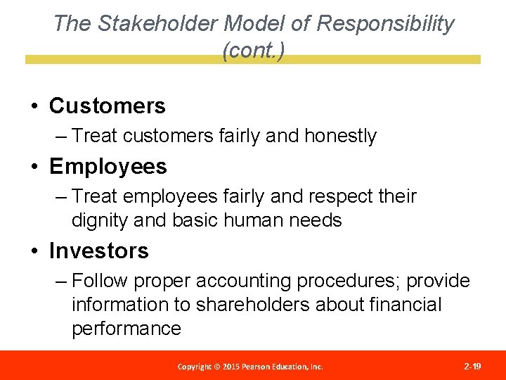 The Stakeholder Model of Responsibility (cont. ) • Customers – Treat customers fairly and