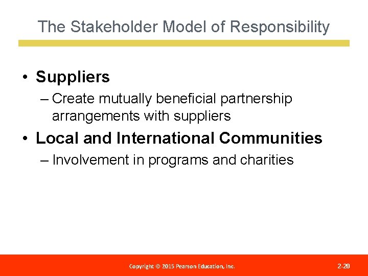 The Stakeholder Model of Responsibility • Suppliers – Create mutually beneficial partnership arrangements with
