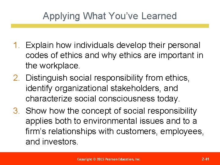 Applying What You’ve Learned 1. Explain how individuals develop their personal codes of ethics