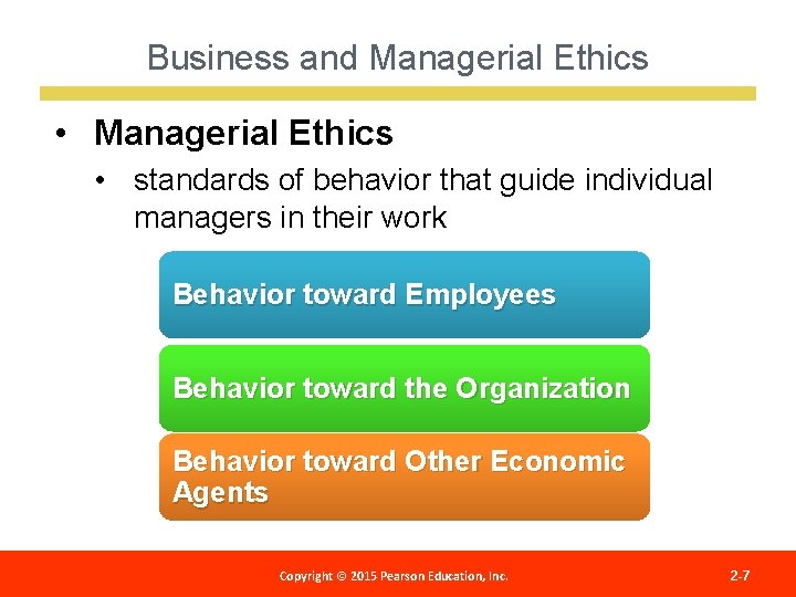 Business and Managerial Ethics • Managerial Ethics • standards of behavior that guide individual