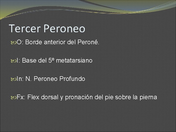 Tercer Peroneo O: Borde anterior del Peroné. I: Base del 5⁰ metatarsiano In: N.