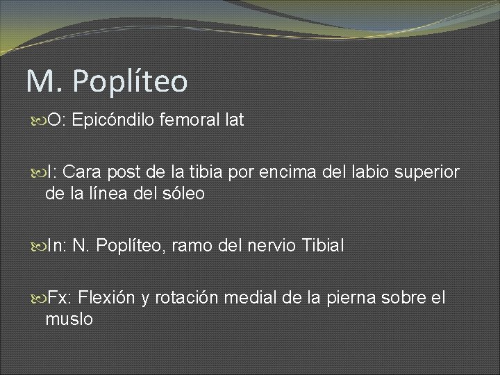 M. Poplíteo O: Epicóndilo femoral lat I: Cara post de la tibia por encima