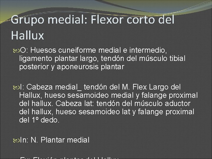 Grupo medial: Flexor corto del Hallux O: Huesos cuneiforme medial e intermedio, ligamento plantar