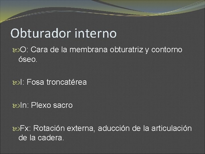 Obturador interno O: Cara de la membrana obturatriz y contorno óseo. I: Fosa troncatérea