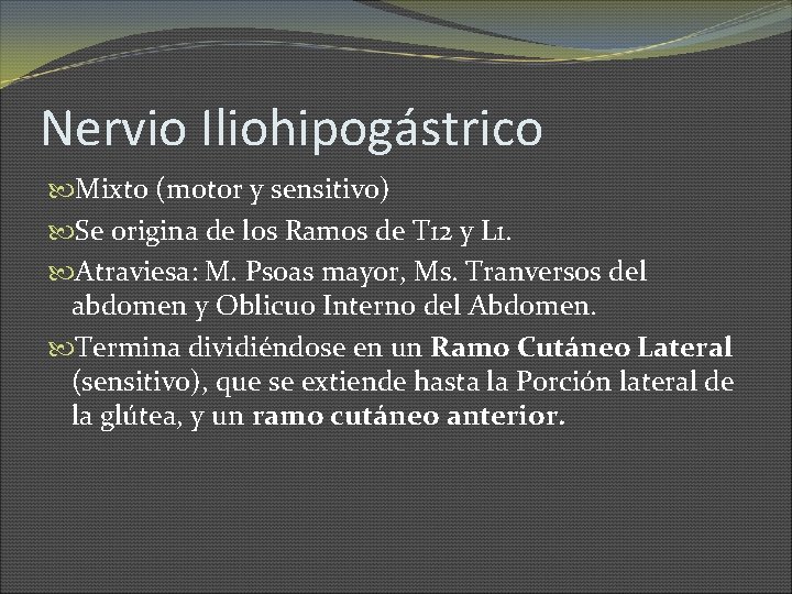 Nervio Iliohipogástrico Mixto (motor y sensitivo) Se origina de los Ramos de T 12