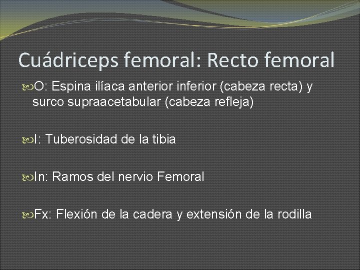 Cuádriceps femoral: Recto femoral O: Espina ilíaca anterior inferior (cabeza recta) y surco supraacetabular