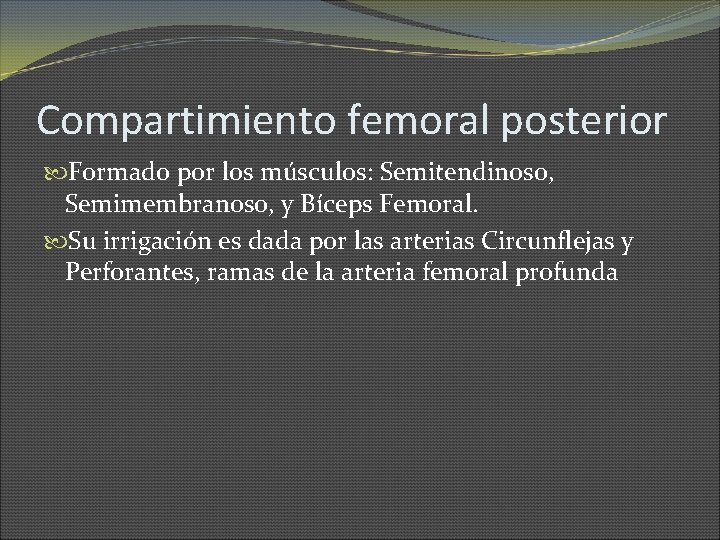 Compartimiento femoral posterior Formado por los músculos: Semitendinoso, Semimembranoso, y Bíceps Femoral. Su irrigación