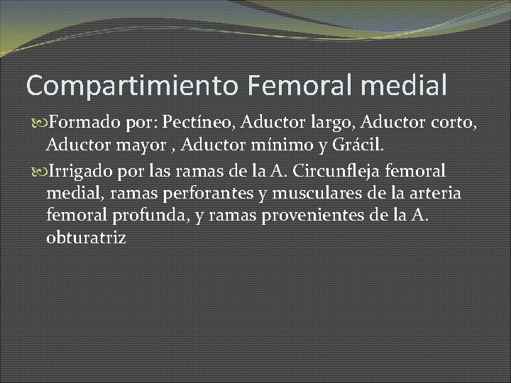 Compartimiento Femoral medial Formado por: Pectíneo, Aductor largo, Aductor corto, Aductor mayor , Aductor
