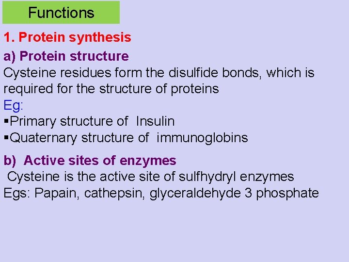 Functions 1. Protein synthesis a) Protein structure Cysteine residues form the disulfide bonds, which