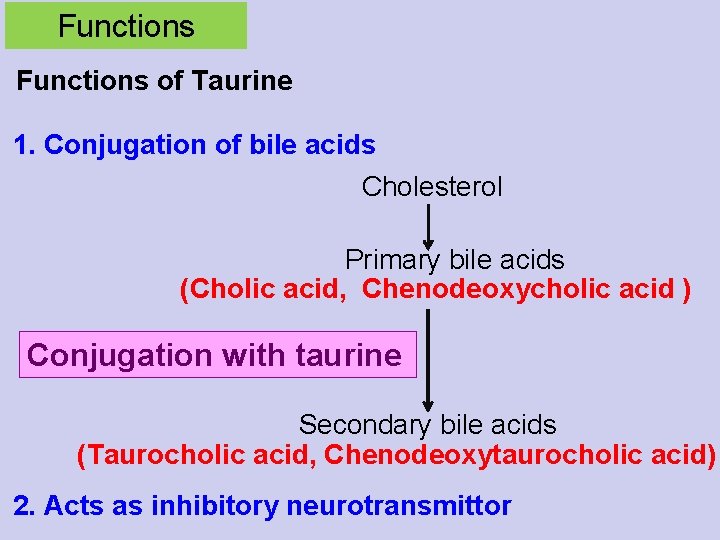 Functions of Taurine 1. Conjugation of bile acids Cholesterol Primary bile acids (Cholic acid,