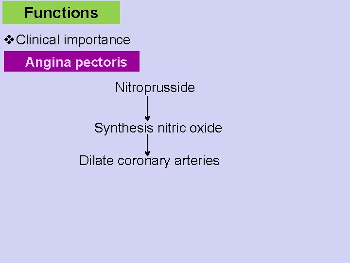 Functions v. Clinical importance Angina pectoris Nitroprusside Synthesis nitric oxide Dilate coronary arteries 