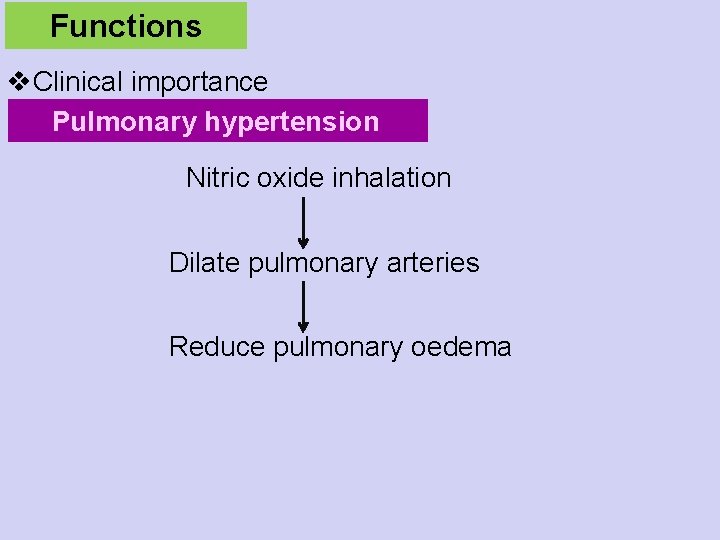 Functions v. Clinical importance Pulmonary hypertension Nitric oxide inhalation Dilate pulmonary arteries Reduce pulmonary