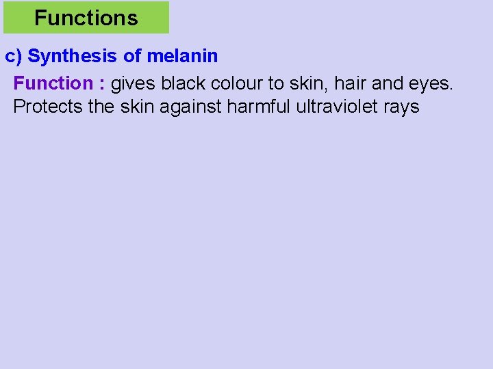 Functions c) Synthesis of melanin Function : gives black colour to skin, hair and