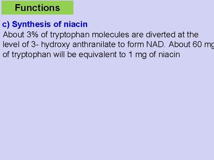 Functions c) Synthesis of niacin About 3% of tryptophan molecules are diverted at the