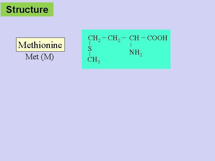 Structure Methionine Met (M) CH 2 S CH 3 CH 2 CH NH 2