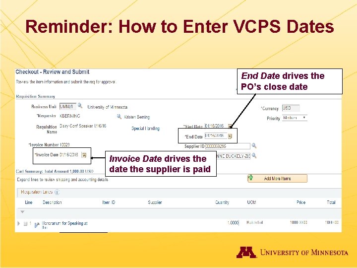 Reminder: How to Enter VCPS Dates End Date drives the PO’s close date Invoice