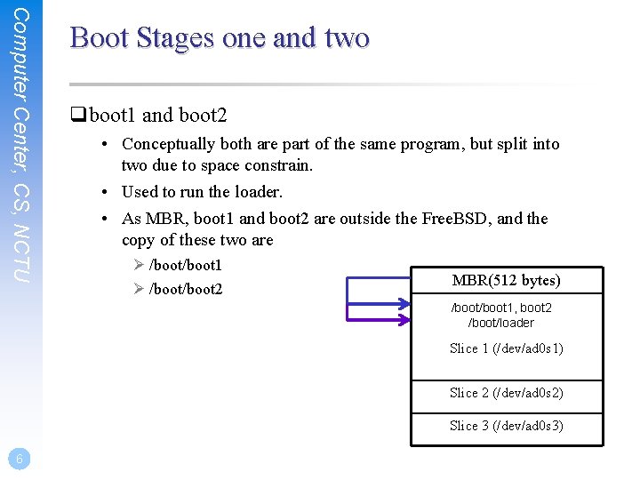 Computer Center, CS, NCTU Boot Stages one and two qboot 1 and boot 2