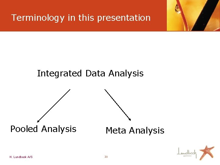 Terminology in this presentation Integrated Data Analysis Pooled Analysis H. Lundbeck A/S Meta Analysis