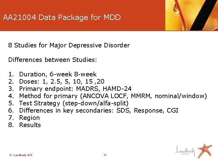 AA 21004 Data Package for MDD 8 Studies for Major Depressive Disorder Differences between