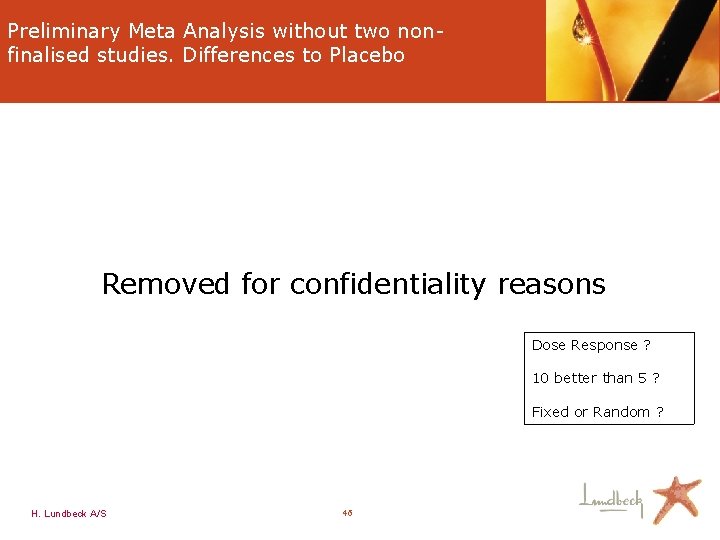 Preliminary Meta Analysis without two nonfinalised studies. Differences to Placebo Removed for confidentiality reasons