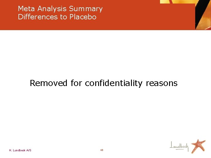 Meta Analysis Summary Differences to Placebo Removed for confidentiality reasons H. Lundbeck A/S 48