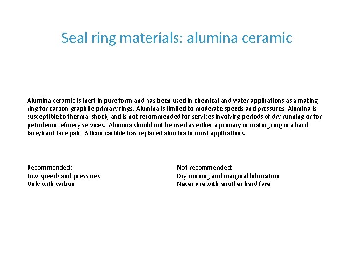 Seal ring materials: alumina ceramic Alumina ceramic is inert in pure form and has