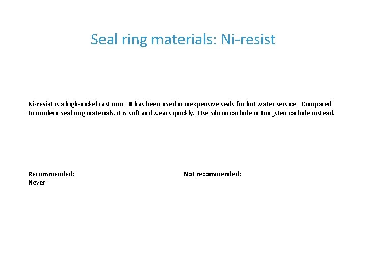 Seal ring materials: Ni-resist is a high-nickel cast iron. It has been used in