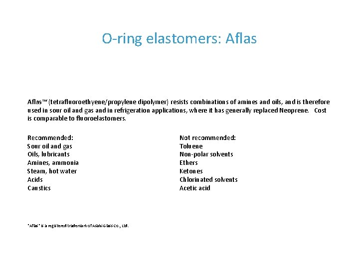 O-ring elastomers: Aflas™ (tetrafluoroethyene/propylene dipolymer) resists combinations of amines and oils, and is therefore