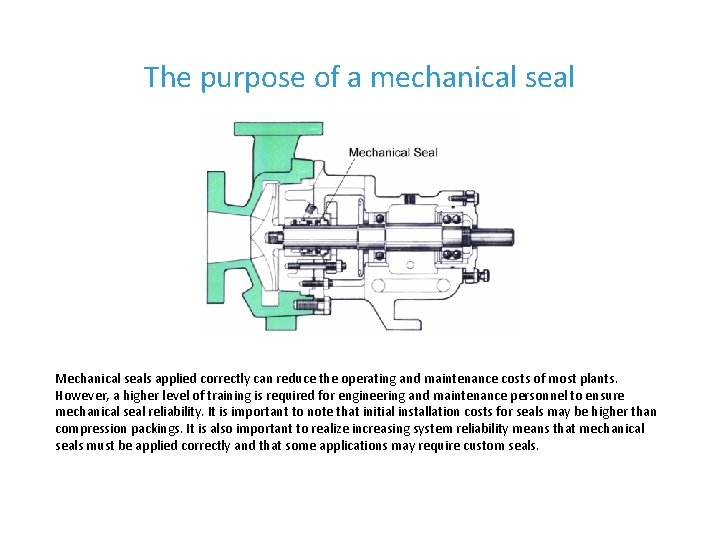 The purpose of a mechanical seal Mechanical seals applied correctly can reduce the operating