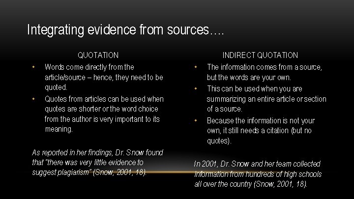 Integrating evidence from sources…. • • QUOTATION Words come directly from the article/source –