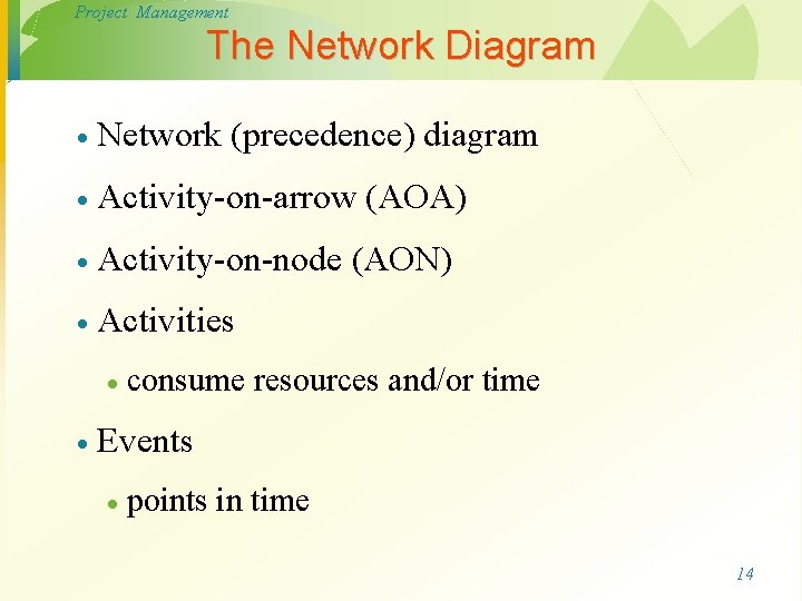 Project Management The Network Diagram · Network (precedence) diagram · Activity-on-arrow (AOA) · Activity-on-node Project Management The Network Diagram · Network (precedence) diagram · Activity-on-arrow (AOA) · Activity-on-node