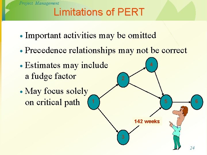 Project Management Limitations of PERT · Important activities may be omitted · Precedence relationships Project Management Limitations of PERT · Important activities may be omitted · Precedence relationships