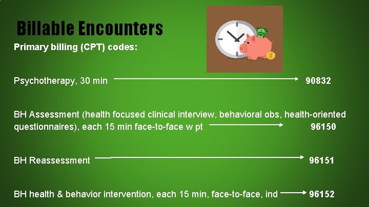 Billable Encounters Primary billing (CPT) codes: Psychotherapy, 30 min 90832 BH Assessment (health focused