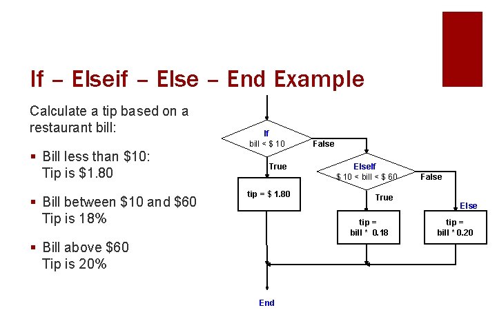 If – Elseif – Else – End Example Calculate a tip based on a