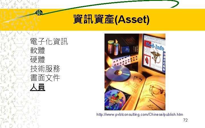 資訊資產(Asset) 電子化資訊 軟體 硬體 技術服務 書面文件 人員 http: //www. pvbtconsulting. com/Chinese/publish. htm 72 資訊資產(Asset) 電子化資訊 軟體 硬體 技術服務 書面文件 人員 http: //www. pvbtconsulting. com/Chinese/publish. htm 72