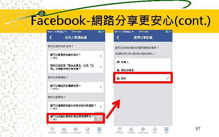 Facebook-網路分享更安心(cont. ) 97 Facebook-網路分享更安心(cont. ) 97