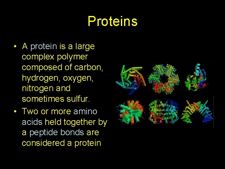 Proteins • A protein is a large complex polymer composed of carbon, hydrogen, oxygen,