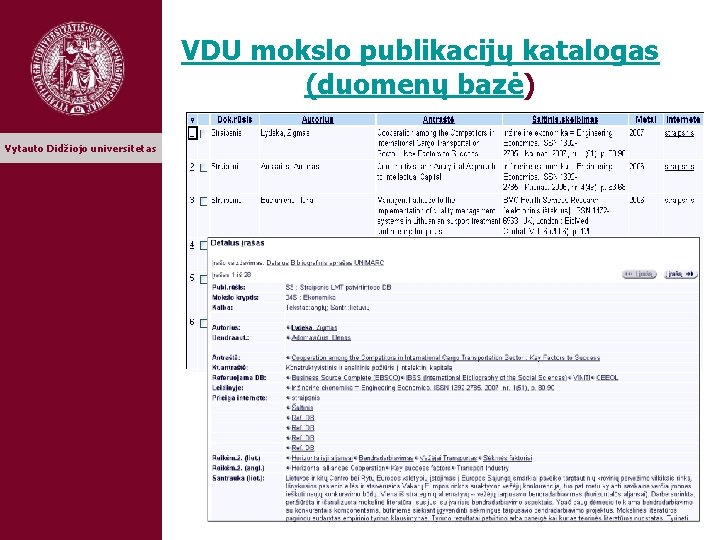 VDU mokslo publikacijų katalogas (duomenų bazė) Vytauto Didžiojo universitetas 