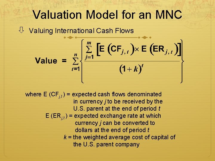 Valuation Model for an MNC Valuing International Cash Flows where E (CFj, t )