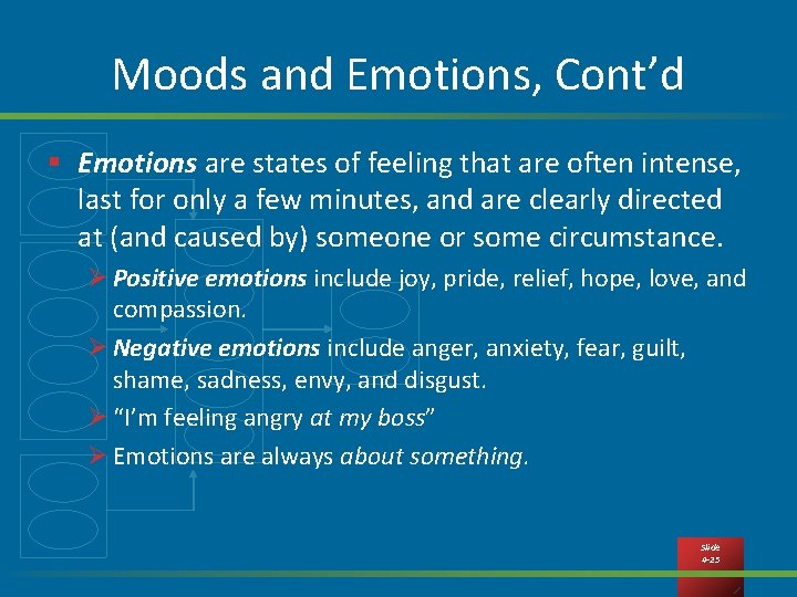 Moods and Emotions, Cont’d § Emotions are states of feeling that are often intense,