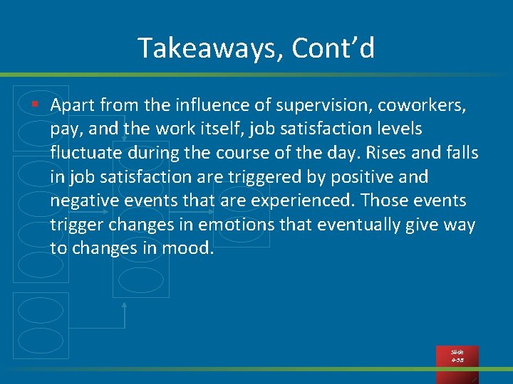 Takeaways, Cont’d § Apart from the influence of supervision, coworkers, pay, and the work